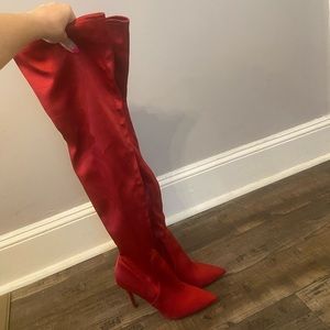 Aldo-Red Satin Thigh High Boots